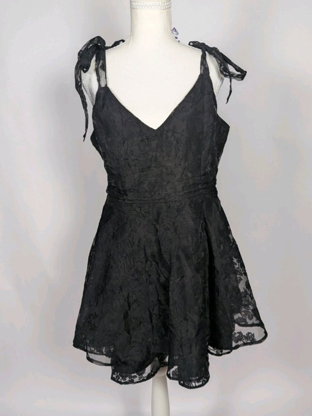 Whimsygoth Floral Jacquard Tie Shoulder Mini Dress Women's Med Fit Flare V Neck